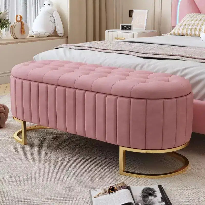 Banc de rangement ottoman en velours de 150 cm avec couvercle touffeté, banc ottoman rembourré avec pieds en métal pour chambre à coucher, salon, entrée