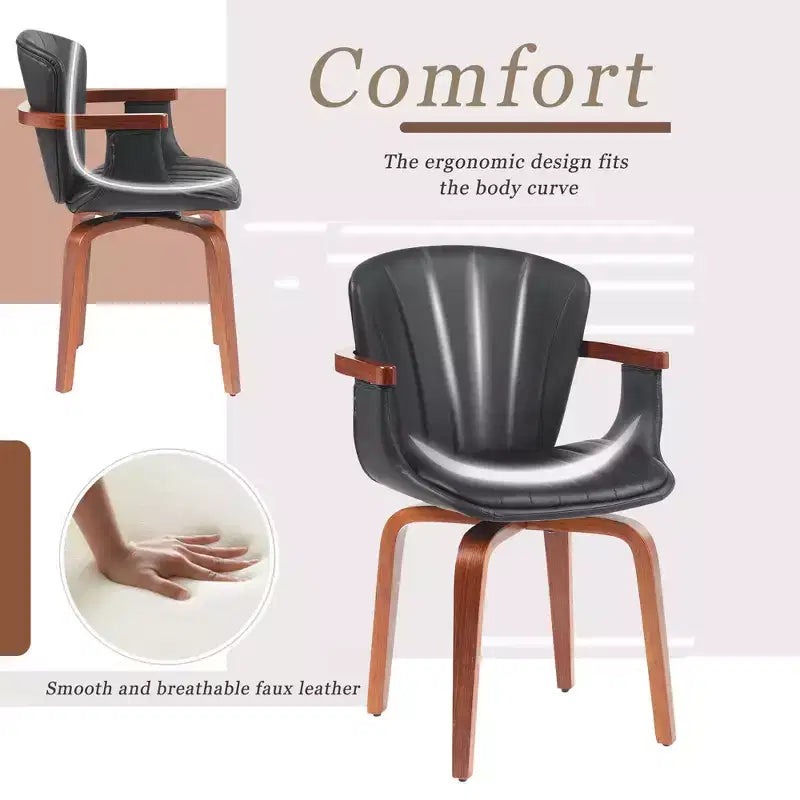 Set of 2 Swivel PU Leather Dining Chairs with Curved Wood Frame and Armrest