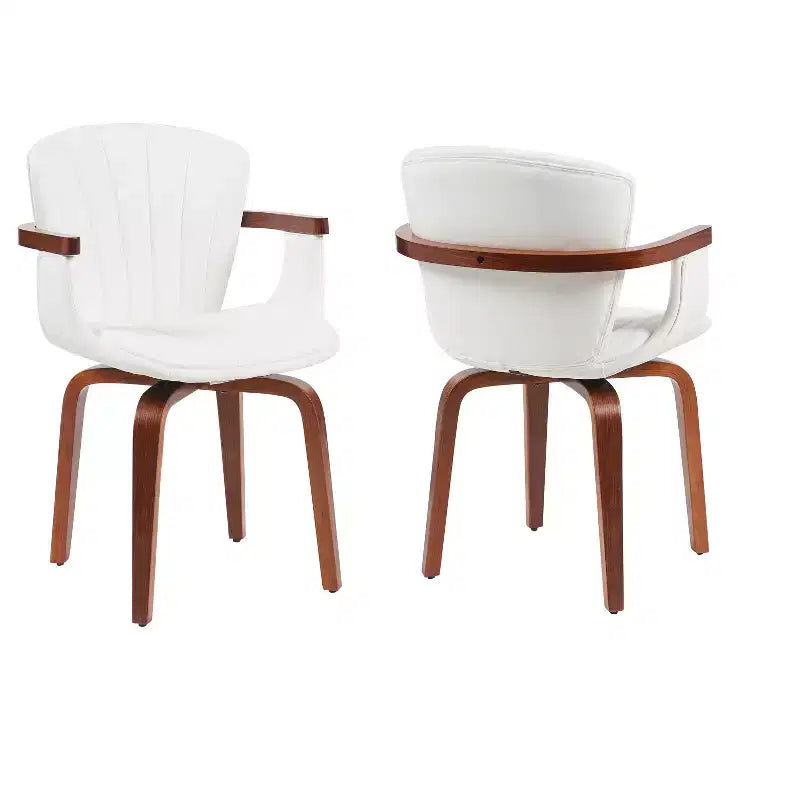 Set of 2 Swivel PU Leather Dining Chairs with Curved Wood Frame and Armrest