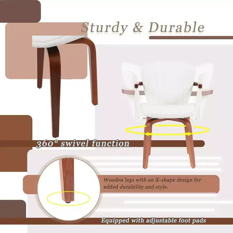 Set of 2 Swivel PU Leather Dining Chairs with Curved Wood Frame and Armrest