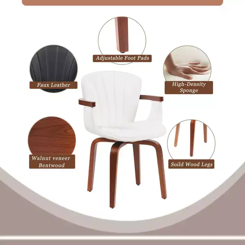Set of 2 Swivel PU Leather Dining Chairs with Curved Wood Frame and Armrest