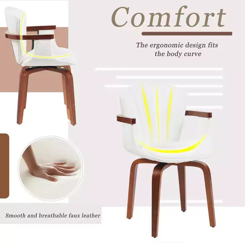 Set of 2 Swivel PU Leather Dining Chairs with Curved Wood Frame and Armrest