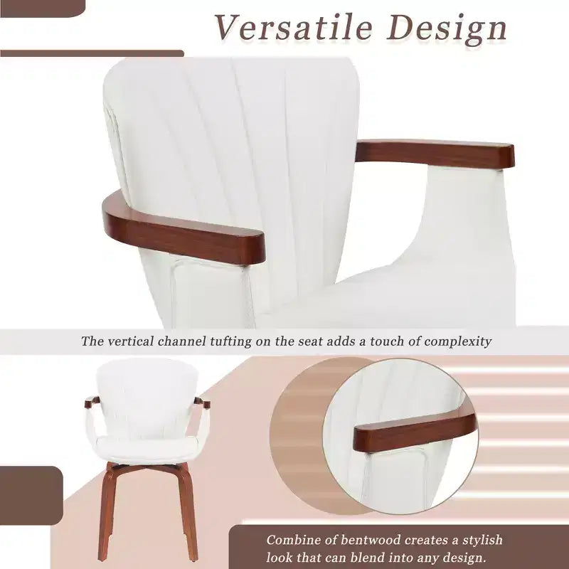 Set of 2 Swivel PU Leather Dining Chairs with Curved Wood Frame and Armrest
