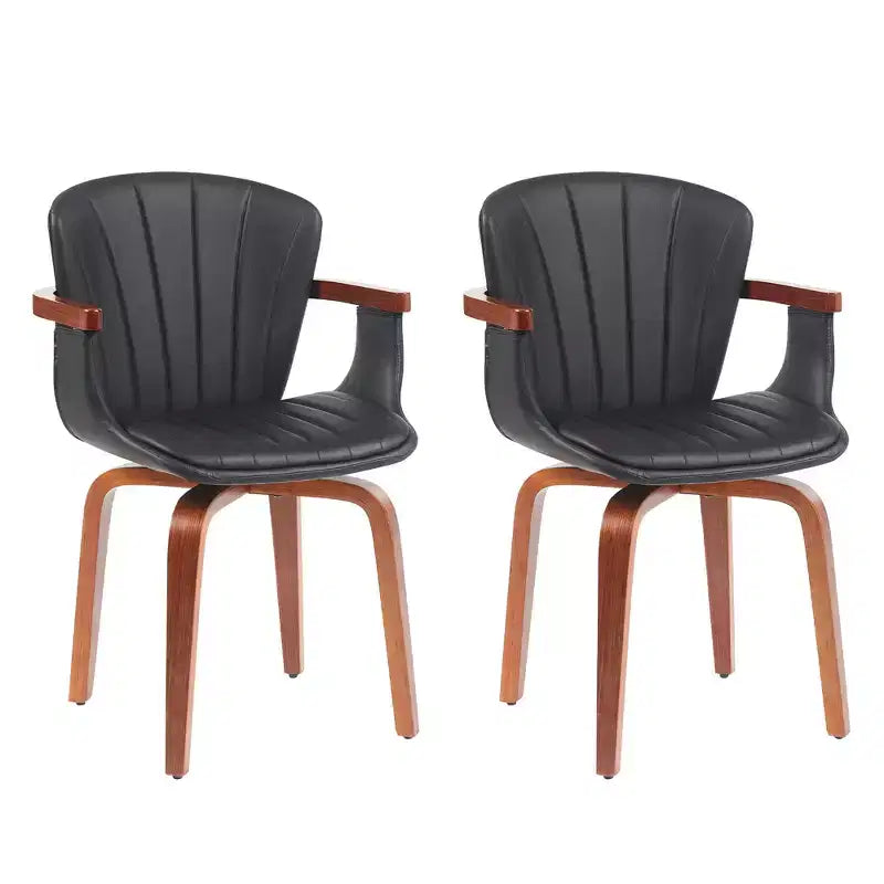 Set of 2 Swivel PU Leather Dining Chairs with Curved Wood Frame and Armrest