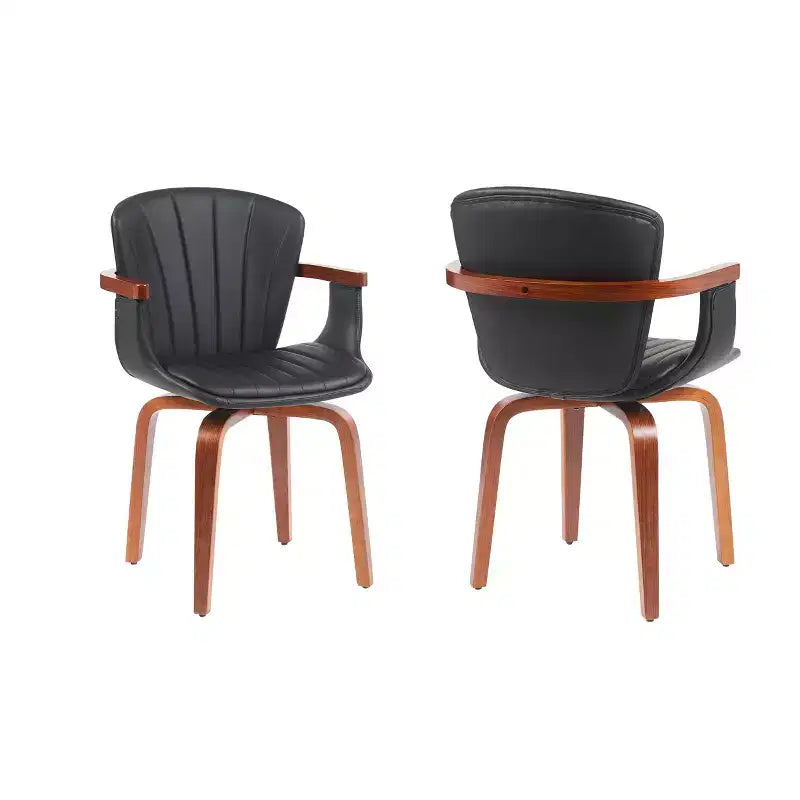 Set of 2 Swivel PU Leather Dining Chairs with Curved Wood Frame and Armrest