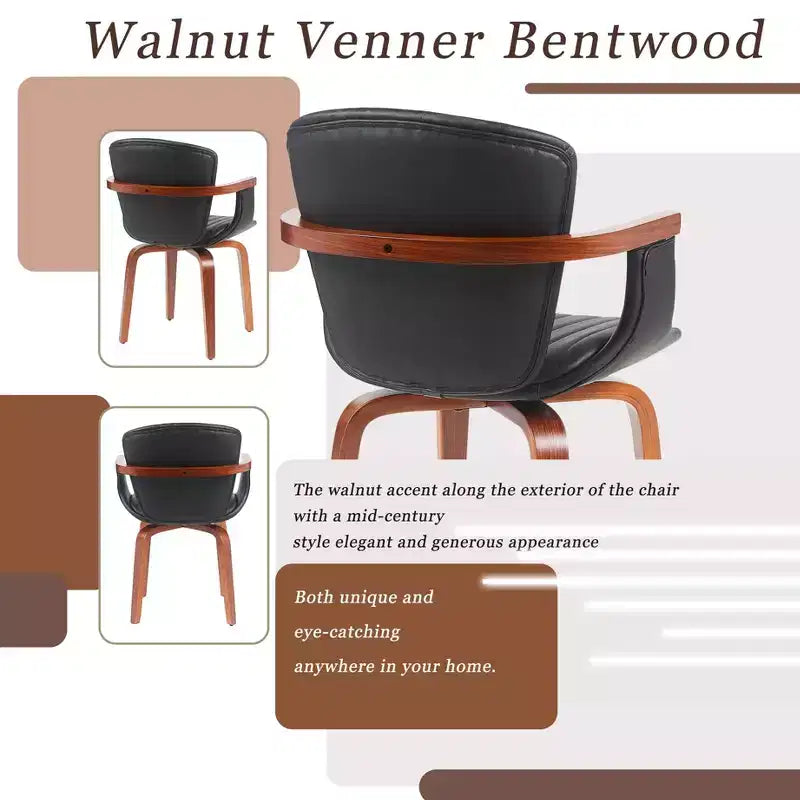 Set of 2 Swivel PU Leather Dining Chairs with Curved Wood Frame and Armrest