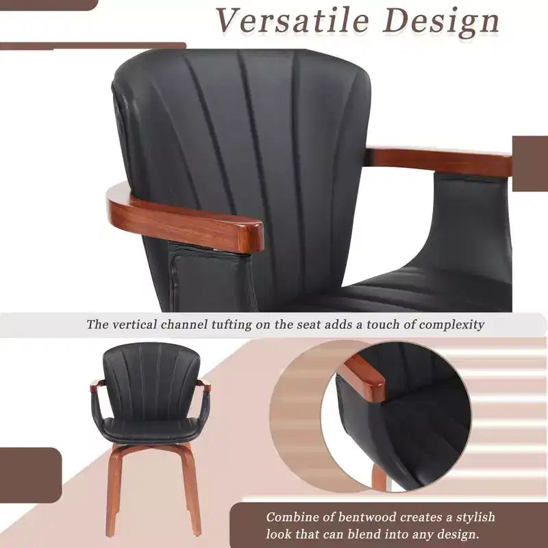 Set of 2 Swivel PU Leather Dining Chairs with Curved Wood Frame and Armrest