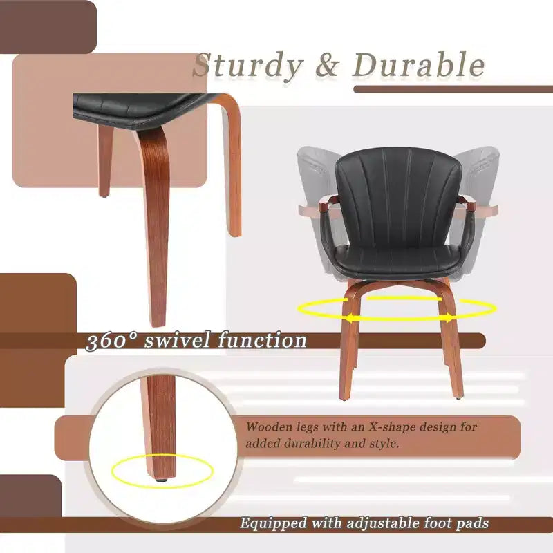 Set of 2 Swivel PU Leather Dining Chairs with Curved Wood Frame and Armrest