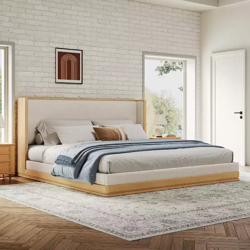 Mid-Century Modern Chenille Upholstered Platform Bed