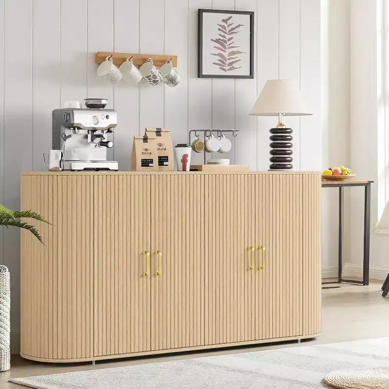 63 Modern Sideboard Buffet Cabinet, Fluted Accent Adjustable Shelves & Durable Wood Feet, Oak Finish Coffee Console for Living Room, Kitchen