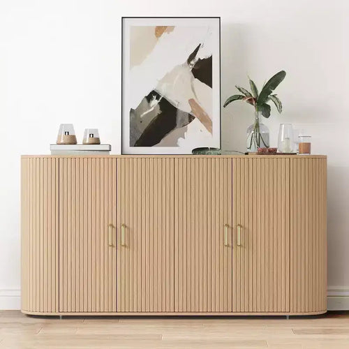 63 Modern Sideboard Buffet Cabinet, Fluted Accent Adjustable Shelves & Durable Wood Feet, Oak Finish Coffee Console for Living Room, Kitchen