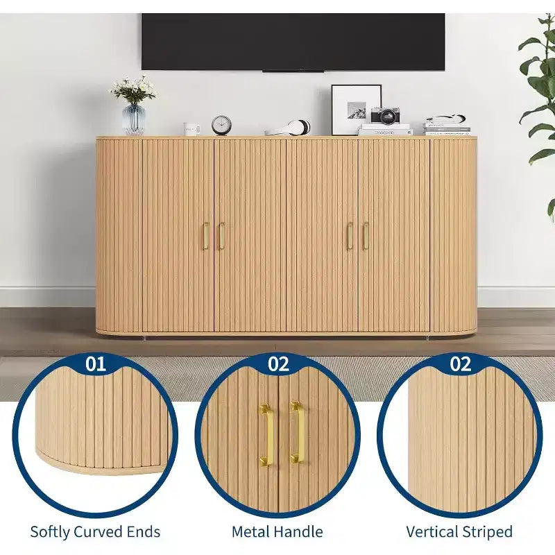 63 Modern Sideboard Buffet Cabinet, Fluted Accent Adjustable Shelves & Durable Wood Feet, Oak Finish Coffee Console for Living Room, Kitchen