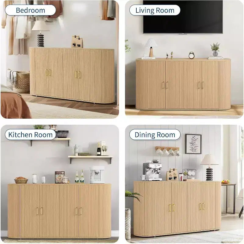 63 Modern Sideboard Buffet Cabinet, Fluted Accent Adjustable Shelves & Durable Wood Feet, Oak Finish Coffee Console for Living Room, Kitchen