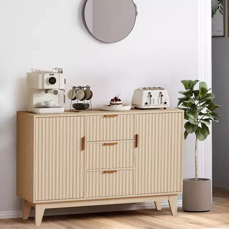 Fluted Sideboard Buffet Cabinet Storage, Kitchen Storage Cabinet with 2 Doors & 3 Drawer, Wood Coffee Bar Buffet Table for Dining Room Living Room