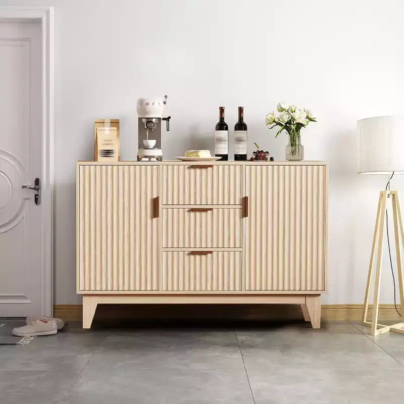Fluted Sideboard Buffet Cabinet Storage, Kitchen Storage Cabinet with 2 Doors & 3 Drawer, Wood Coffee Bar Buffet Table for Dining Room Living Room