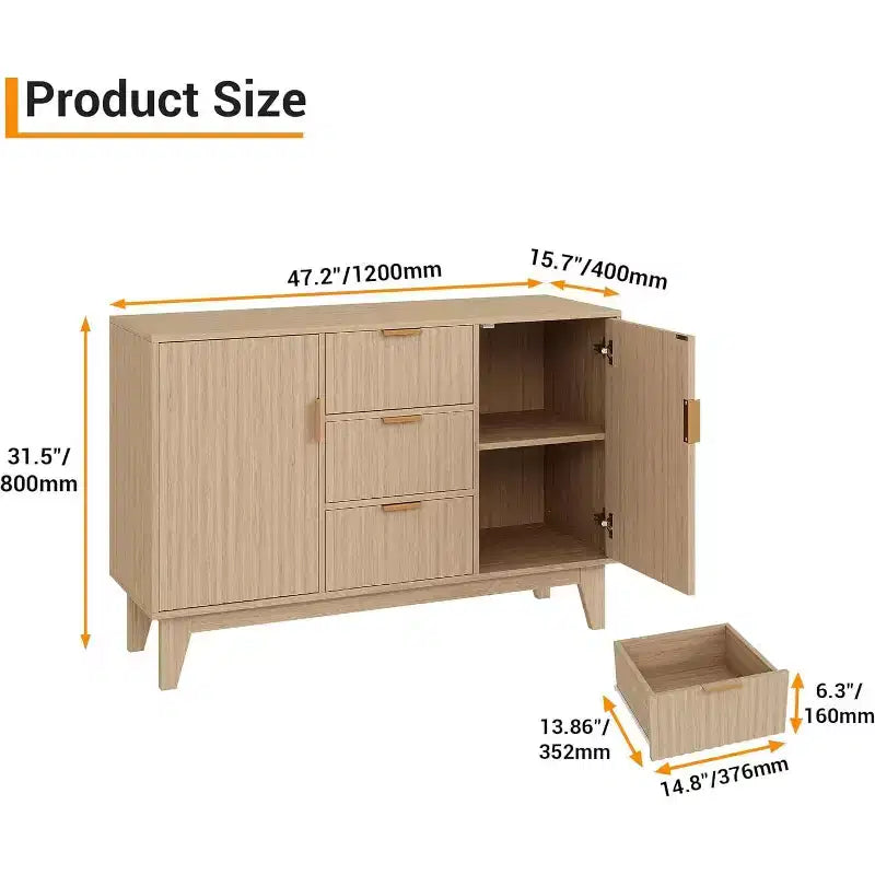 Buffet bahut cannelé avec rangement, meuble de rangement de cuisine avec 2 portes et 3 tiroirs, table de buffet en bois pour salle à manger et salon