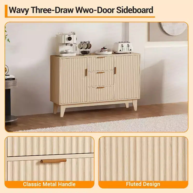 Fluted Sideboard Buffet Cabinet Storage, Kitchen Storage Cabinet with 2 Doors & 3 Drawer, Wood Coffee Bar Buffet Table for Dining Room Living Room