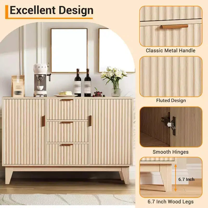 Fluted Sideboard Buffet Cabinet Storage, Kitchen Storage Cabinet with 2 Doors & 3 Drawer, Wood Coffee Bar Buffet Table for Dining Room Living Room