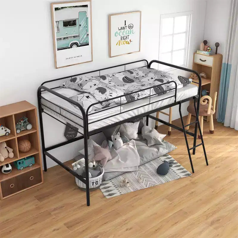 Twin Loft Bed Frame, Sturdy Metal Construction with Strong Slats, 4-Sided Guardrails, Side Ladder, Easy Assembly, No Box Spring Required
