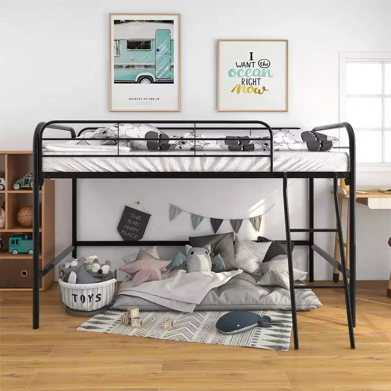 Twin Loft Bed Frame, Sturdy Metal Construction with Strong Slats, 4-Sided Guardrails, Side Ladder, Easy Assembly, No Box Spring Required