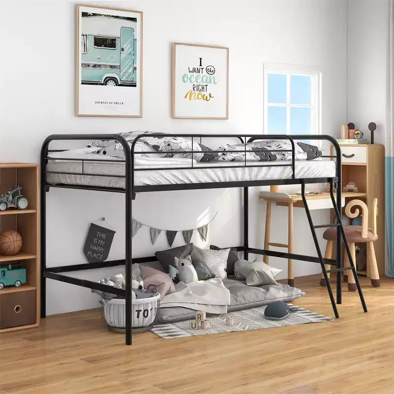 Twin Loft Bed Frame, Sturdy Metal Construction with Strong Slats, 4-Sided Guardrails, Side Ladder, Easy Assembly, No Box Spring Required