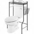 Black Metal Over Toilet Standing Shelf with Vintage Scrollwork Accents and Magazine Basket Freestanding Bathroom