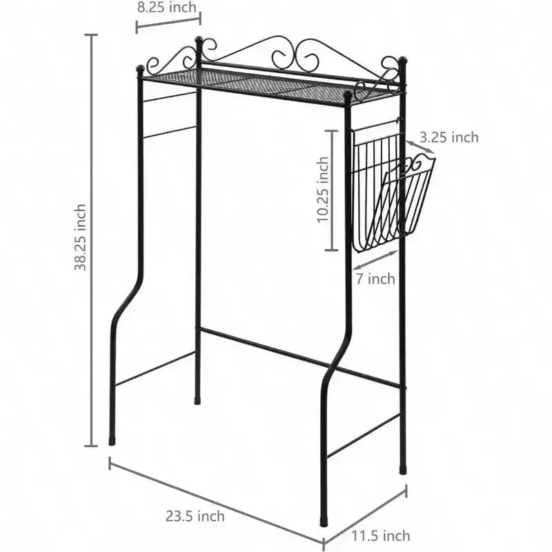 Étagère autonome de salle de bain en métal noir à placer au-dessus des toilettes, avec motifs volutes vintage et panier à magazines