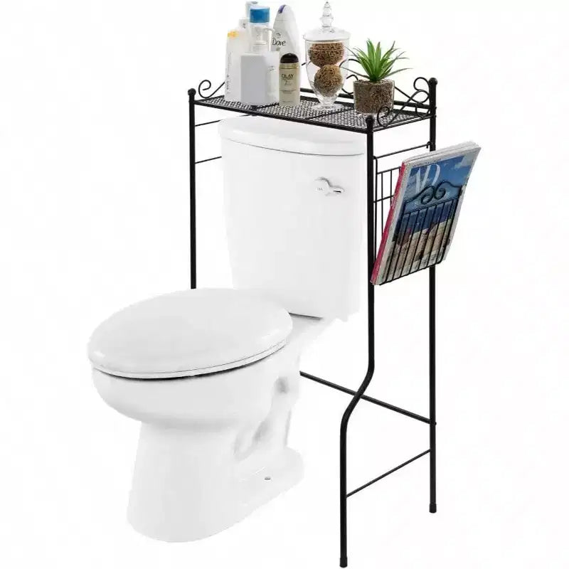 Étagère autonome de salle de bain en métal noir à placer au-dessus des toilettes, avec motifs volutes vintage et panier à magazines