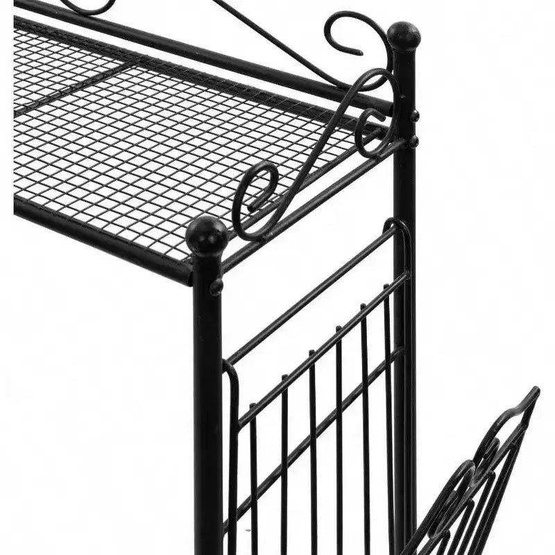 Black Metal Over Toilet Standing Shelf with Vintage Scrollwork Accents and Magazine Basket Freestanding Bathroom