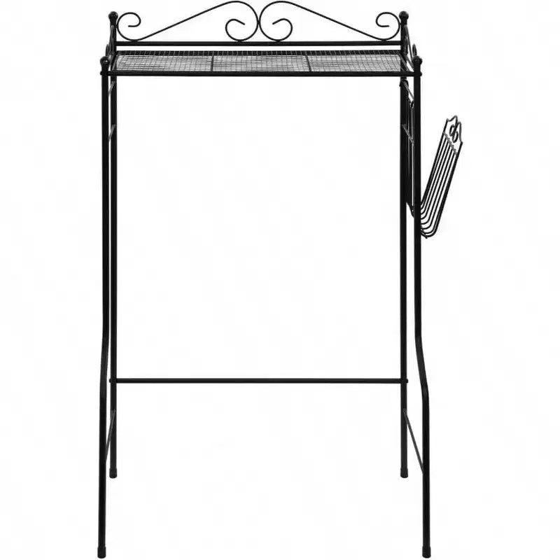 Black Metal Over Toilet Standing Shelf with Vintage Scrollwork Accents and Magazine Basket Freestanding Bathroom