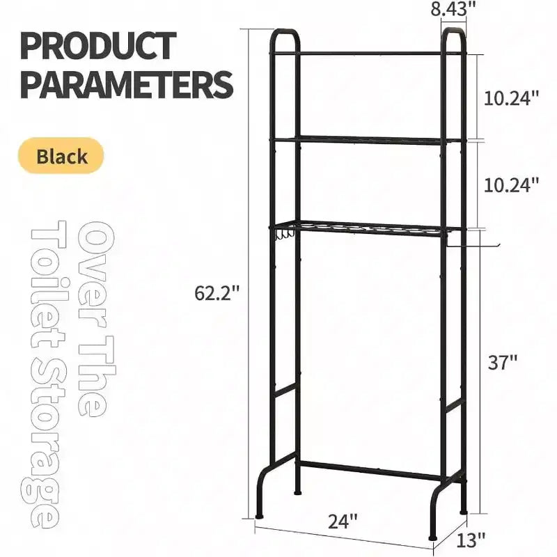 Étagère de rangement WC 3 niveaux en métal robuste pour salle de bain, organiseur autoportant avec étagères larges pour serviettes, papier toilette, noir