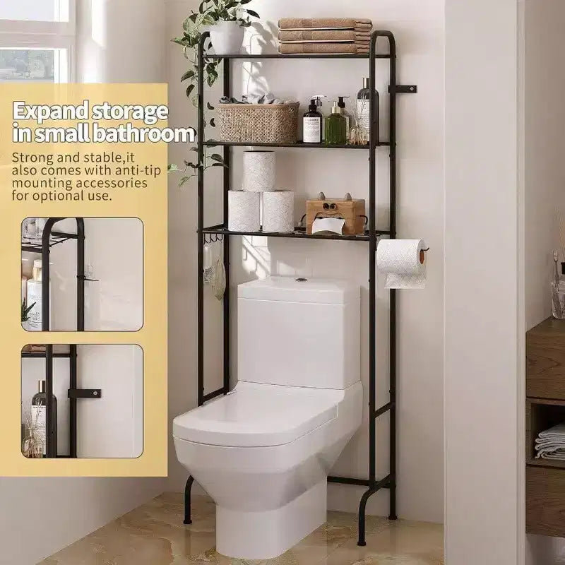 Étagère de rangement WC 3 niveaux en métal robuste pour salle de bain, organiseur autoportant avec étagères larges pour serviettes, papier toilette, noir