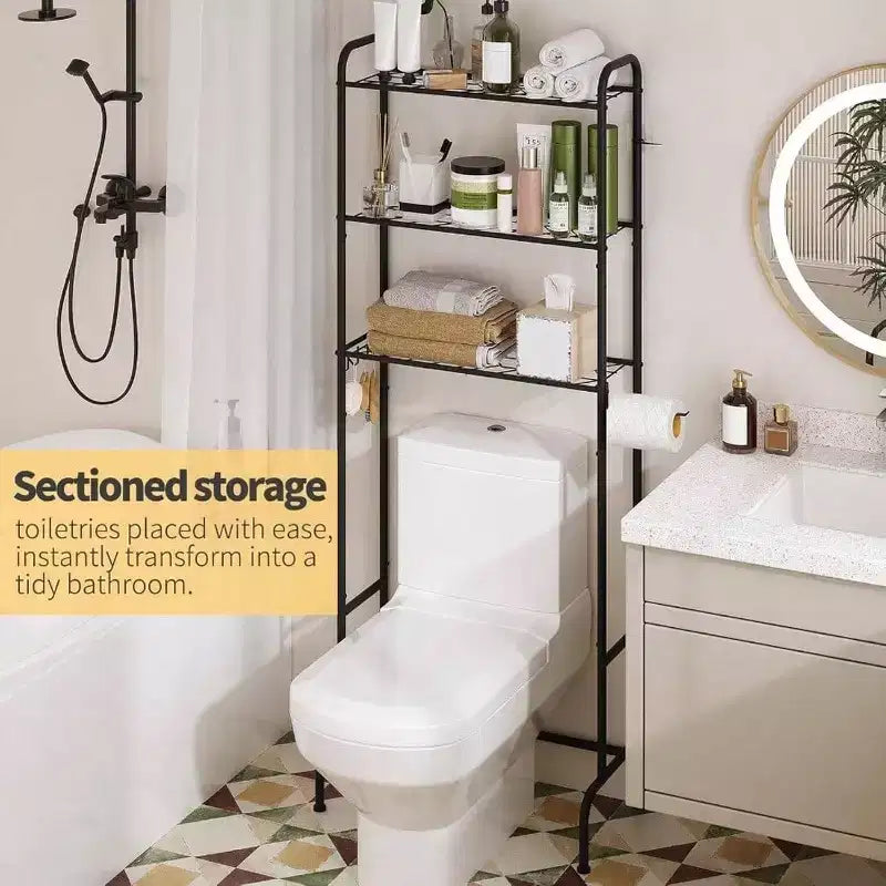 Étagère de rangement WC 3 niveaux en métal robuste pour salle de bain, organiseur autoportant avec étagères larges pour serviettes, papier toilette, noir