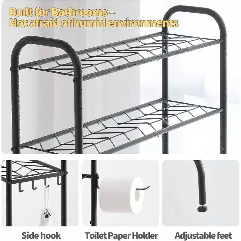 Étagère de rangement WC 3 niveaux en métal robuste pour salle de bain, organiseur autoportant avec étagères larges pour serviettes, papier toilette, noir