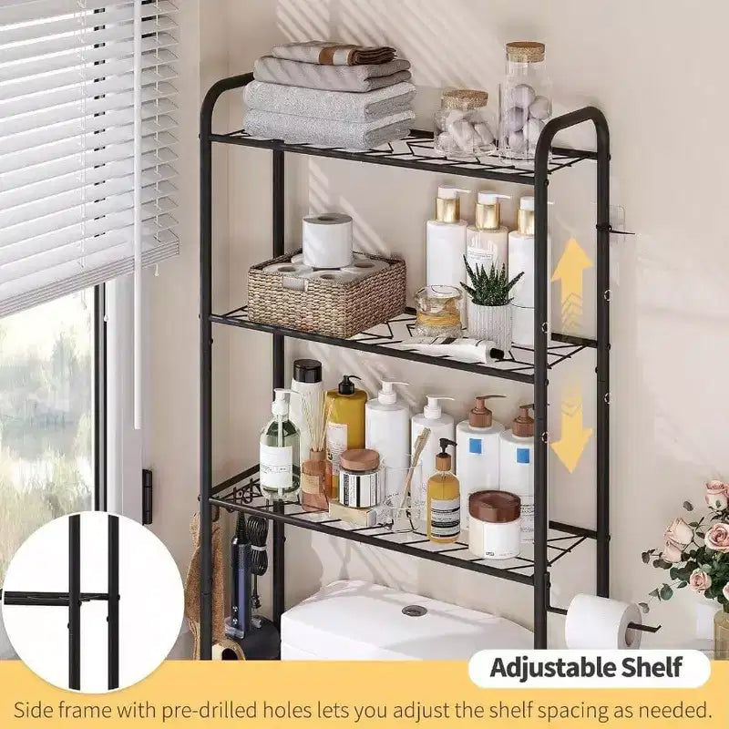 Over Toilet Storage 3 Tier Heavy Duty Metal Bathroom Organizer Freestanding Space Saver with Wide Shelves Towels Toilet Paper Black