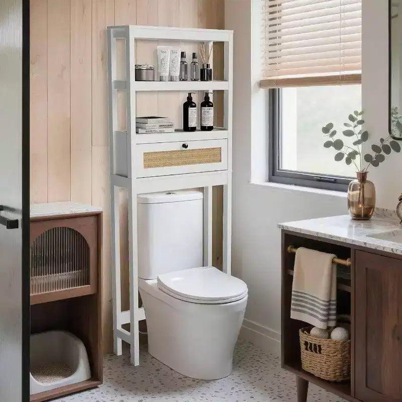 Over Toilet Storage Cabinet 3 Tier Bathroom Organizer with Rattan Door Wooden Space Saver Restroom Bathroom Laundry