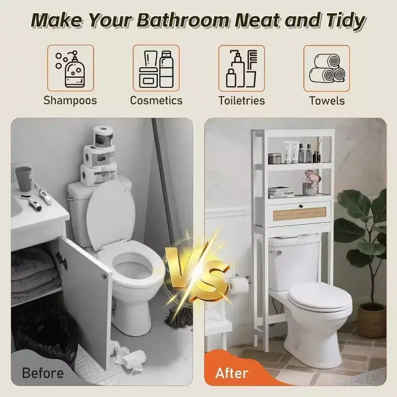 Meuble de rangement au-dessus des toilettes à 3 niveaux, organisateur de salle de bain avec porte en rotin, économiseur d'espace en bois pour toilettes, salle de bain, buanderie