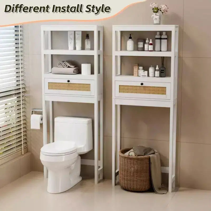 Meuble de rangement au-dessus des toilettes à 3 niveaux, organisateur de salle de bain avec porte en rotin, économiseur d'espace en bois pour toilettes, salle de bain, buanderie