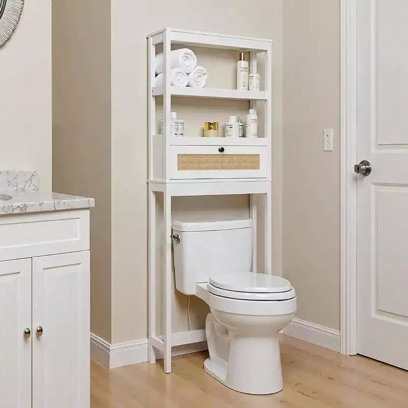 Over Toilet Storage Cabinet 3 Tier Bathroom Organizer with Rattan Door Wooden Space Saver Restroom Bathroom Laundry