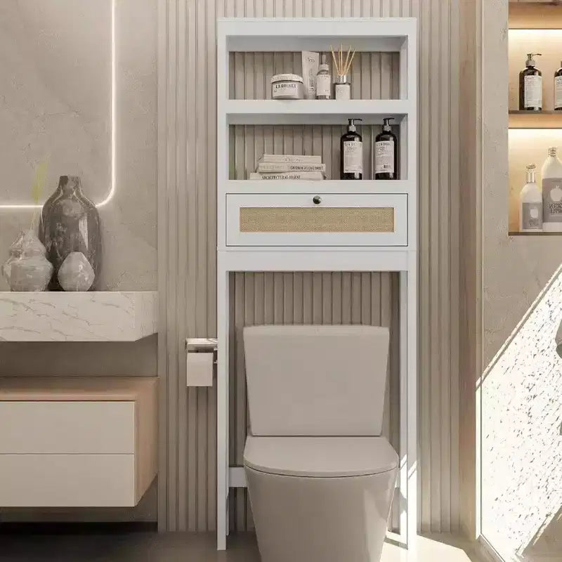 Over Toilet Storage Cabinet 3 Tier Bathroom Organizer with Rattan Door Wooden Space Saver Restroom Bathroom Laundry