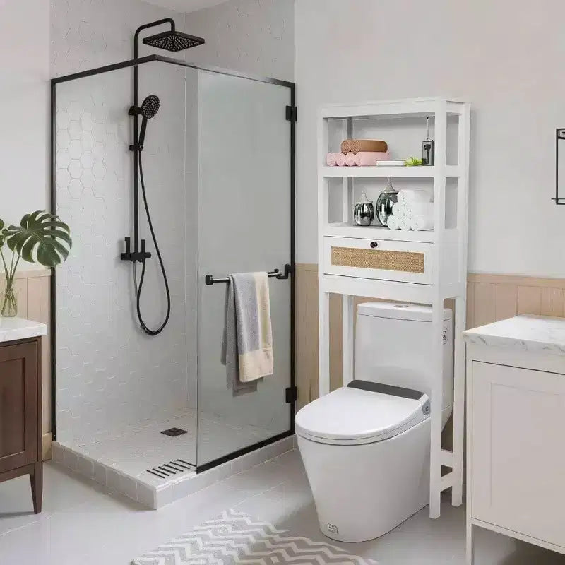 Over Toilet Storage Cabinet 3 Tier Bathroom Organizer with Rattan Door Wooden Space Saver Restroom Bathroom Laundry