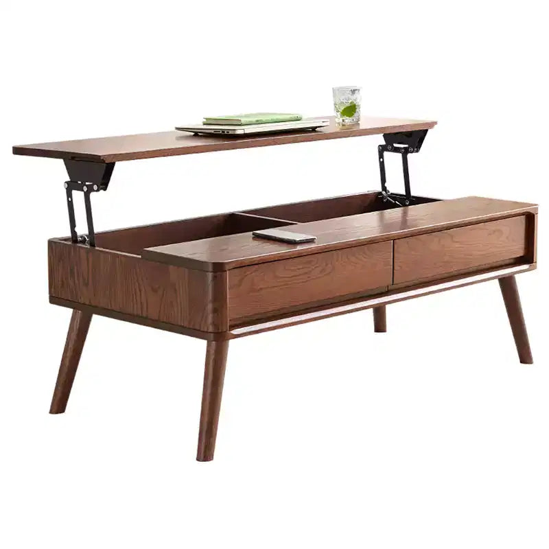 Solid Wood Study Desk, Lift-Top Coffee Table with Two Drawers and Hidden Compartment