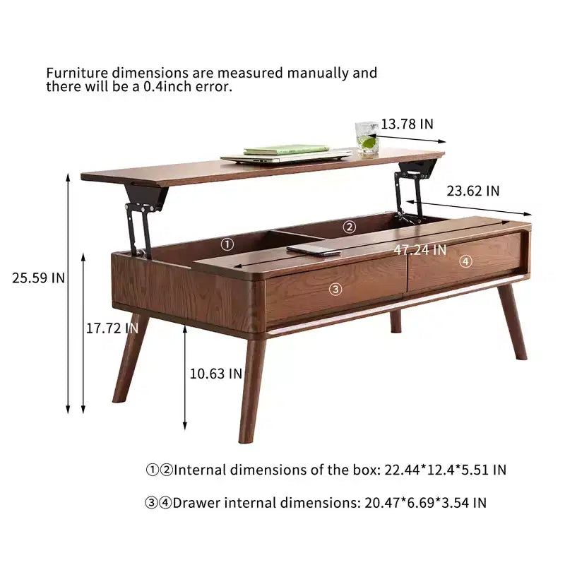 Solid Wood Study Desk, Lift-Top Coffee Table with Two Drawers and Hidden Compartment
