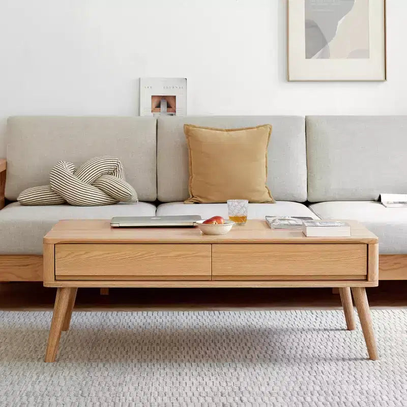 Bureau d'étude en bois massif, table basse relevable avec deux tiroirs et compartiment caché