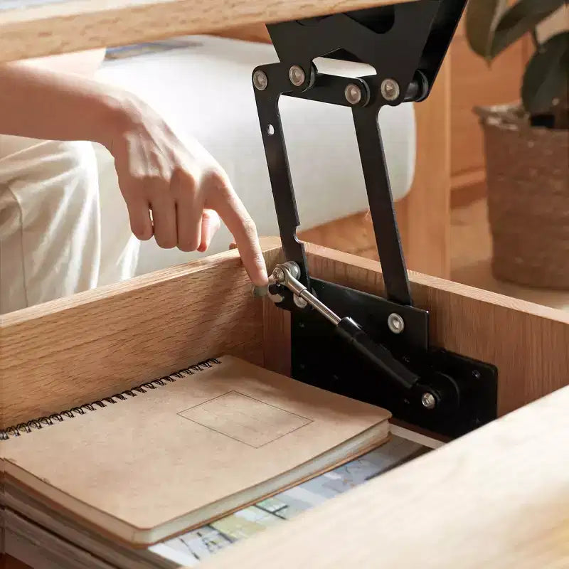 Bureau d'étude en bois massif, table basse relevable avec deux tiroirs et compartiment caché
