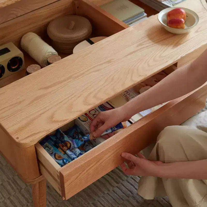 Bureau d'étude en bois massif, table basse relevable avec deux tiroirs et compartiment caché