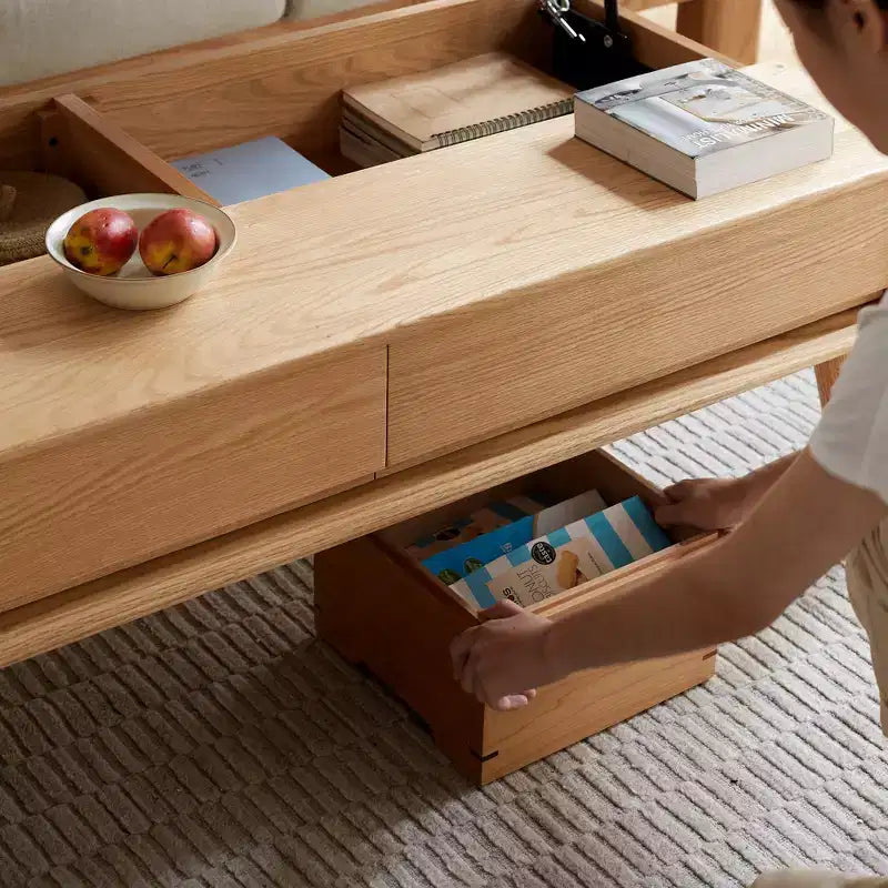 Solid Wood Study Desk, Lift-Top Coffee Table with Two Drawers and Hidden Compartment