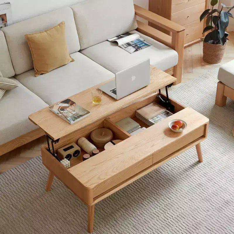 GDFStudio Michael Solid Wood Study Desk, Lift-Top Coffee Table with Two Drawers and Hidden Compartment