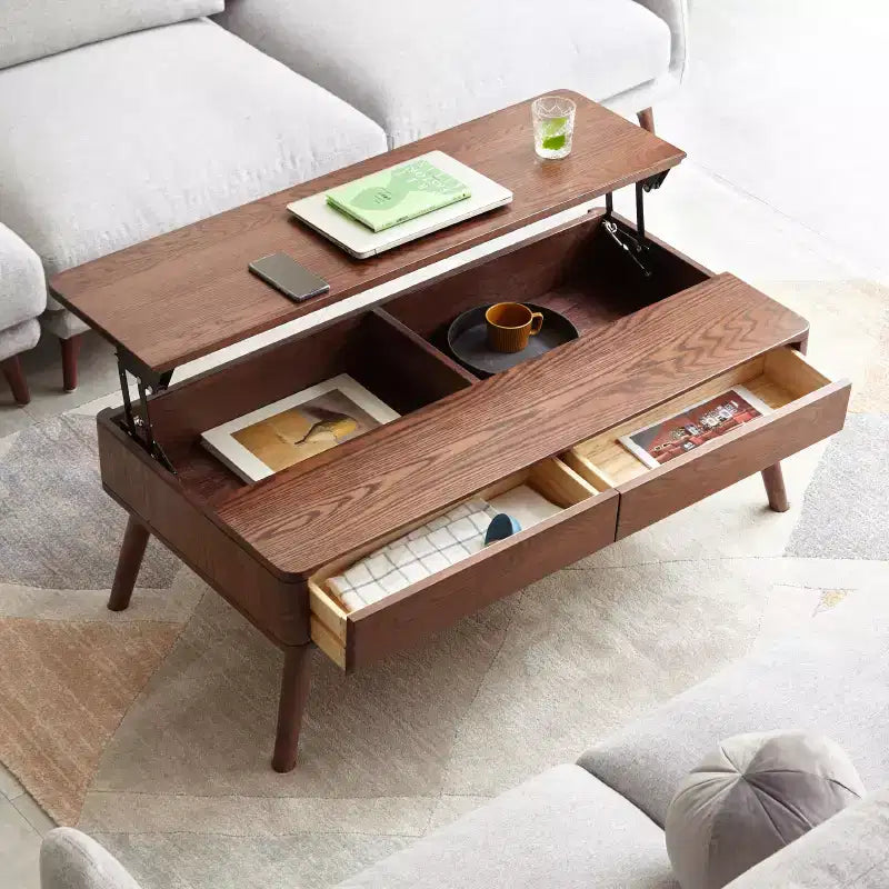 Bureau d'étude en bois massif, table basse relevable avec deux tiroirs et compartiment caché
