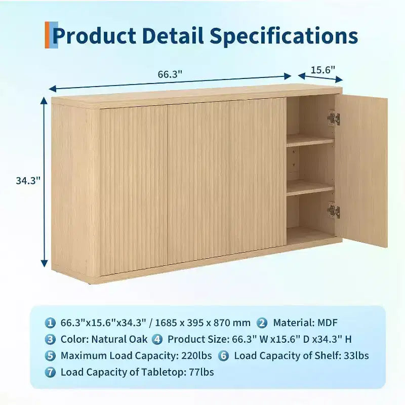 Buffet-Bahut Grande Taille 168 cm, Armoire de Rangement Cuisine Moderne à Cannelures, Meuble Console Bar à Café avec Étagères Réglables pour Salon